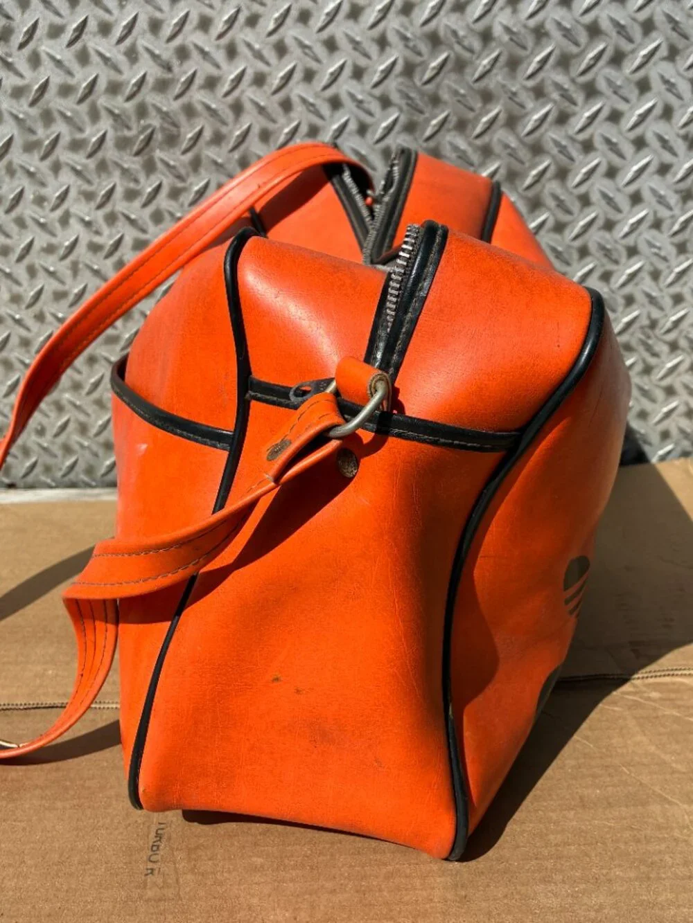 Vintage Adidas Originals Airliner Bag Orange Leather Trefoil Logo 1970s